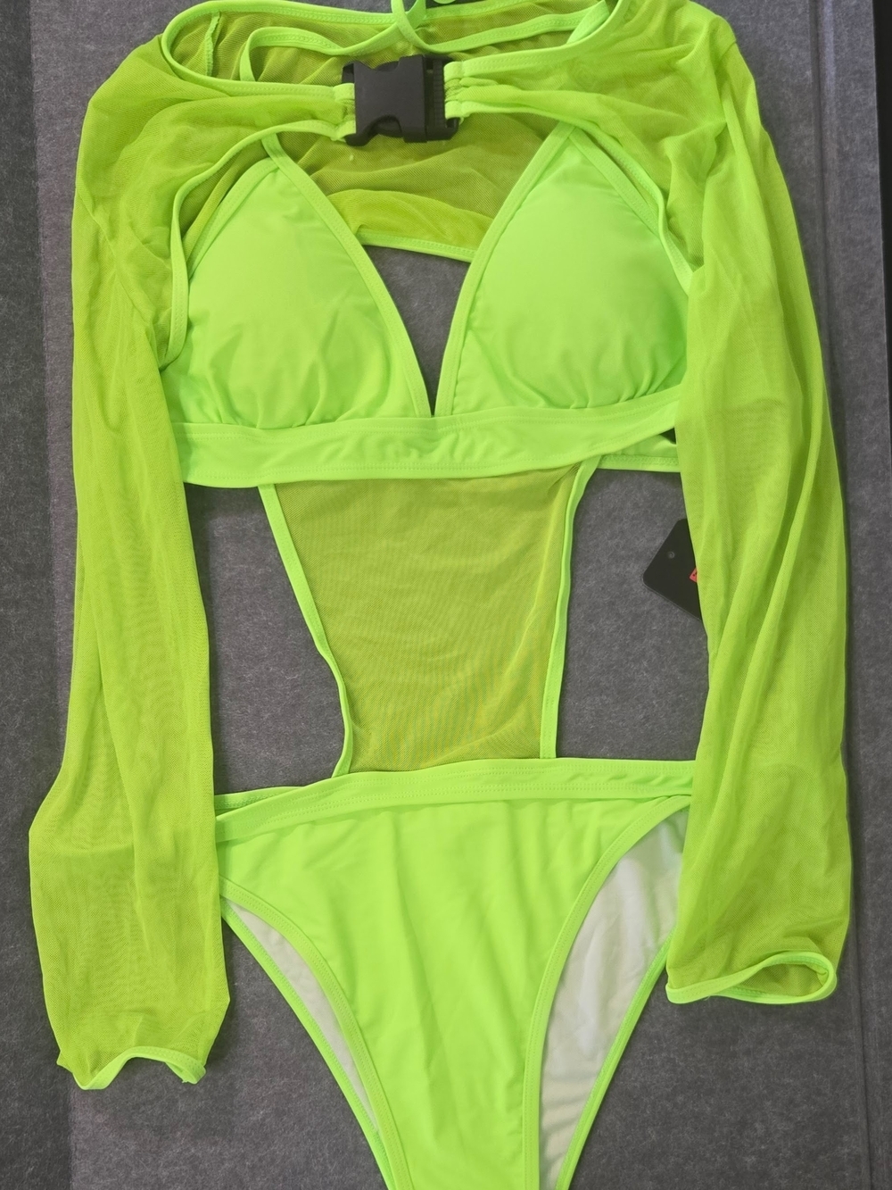 Neon Lime Mesh Cutout One-Piece Bodysuit, Festival/Swim - NEW